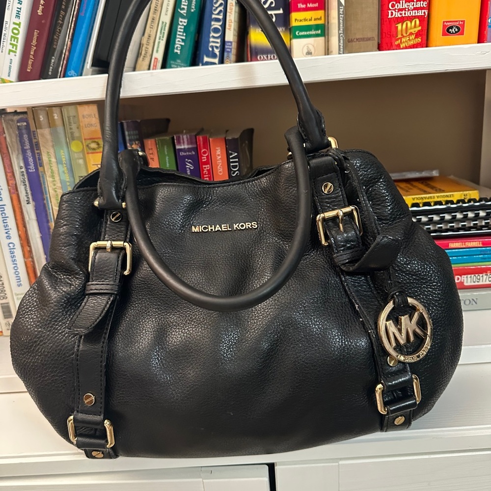 Michael Kors Black Leather Satchel with Gold Hardware